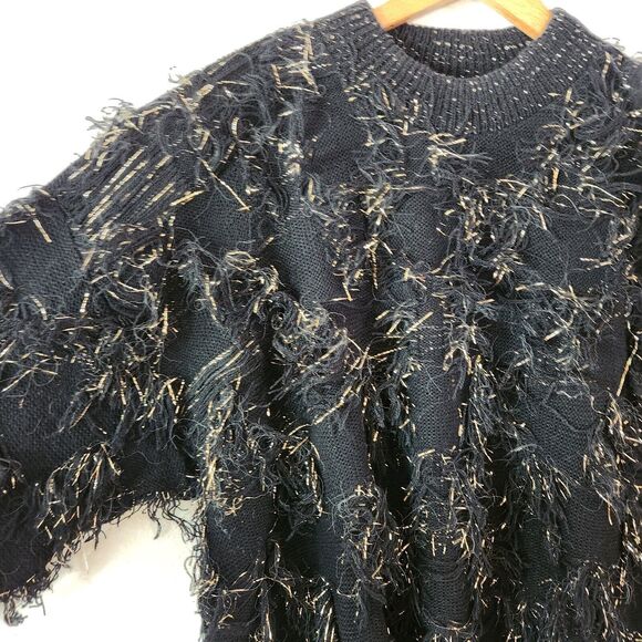 *READ VTG Just For Women Fuzzy Tinsel Gold Black Knit Sweater Metallic 80s 90s - Picture 6 of 9
